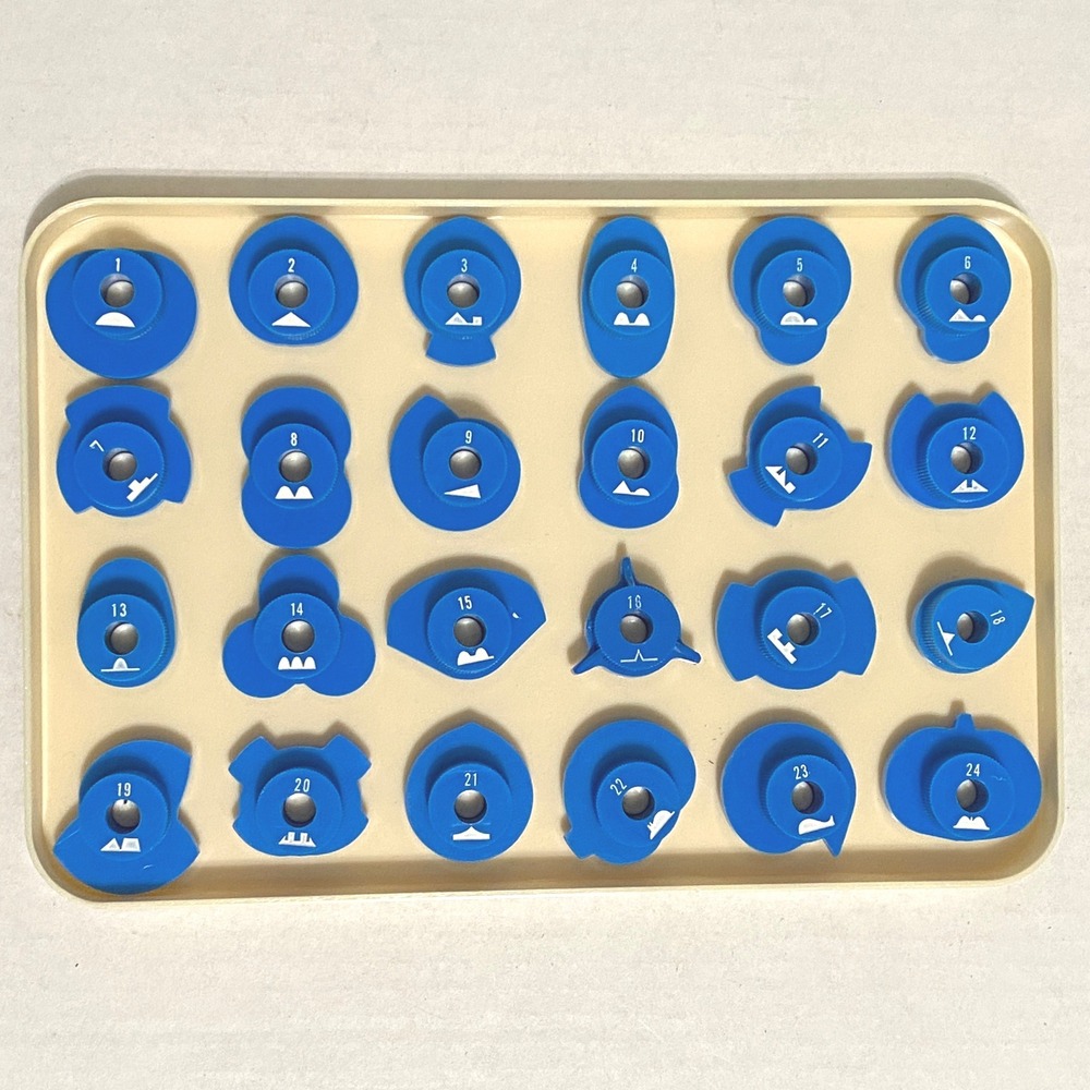 Vintage 70s Zig Zag Design Cams Set of 24 Blue Fashion Discs with Storage Case
